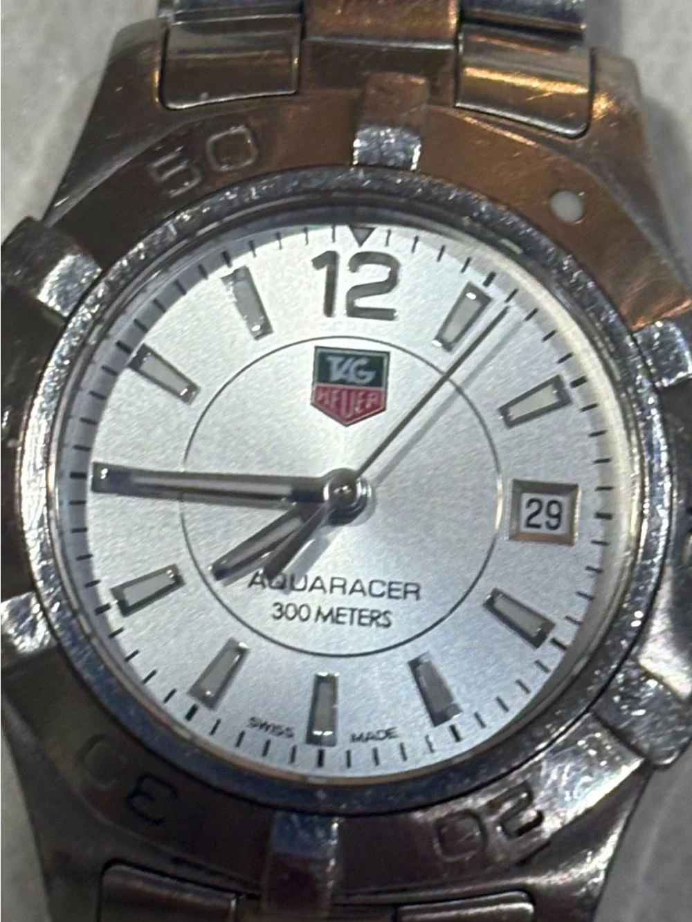 Tag Heuer Silver Dial Aquaracer Watch with Red Logo